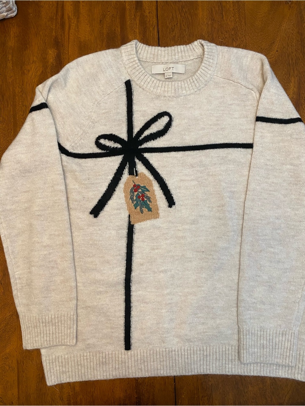 LOFT Cream Crewneck Sweater with Black Gift-Bow Detail